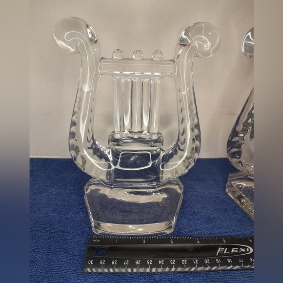 Pair Mid-Century Fostoria Harp Lyre Heavy Clear Glass Bookends Music Decor Gift - Picture 7 of 7